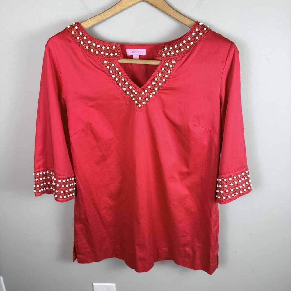 Lilly Pulitzer Tunic Top Women Size 8 Coral Beaded Neckline And 3/4 Sleeve